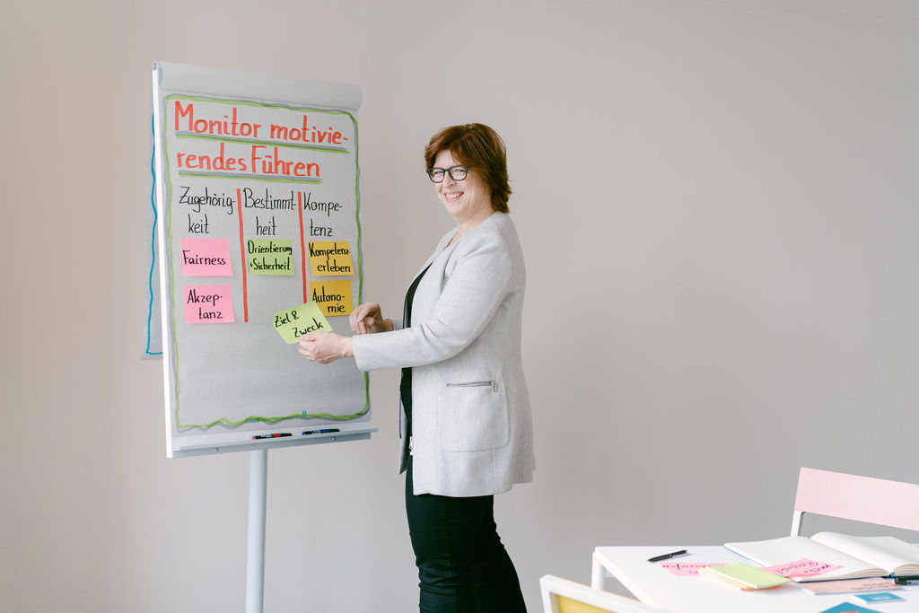 Veronika von Rüden, Unternehmensentwicklerin, steht an einem FlipChart mit Informationen zu motivierendem Führen und schaut gewinnend in die Kamera